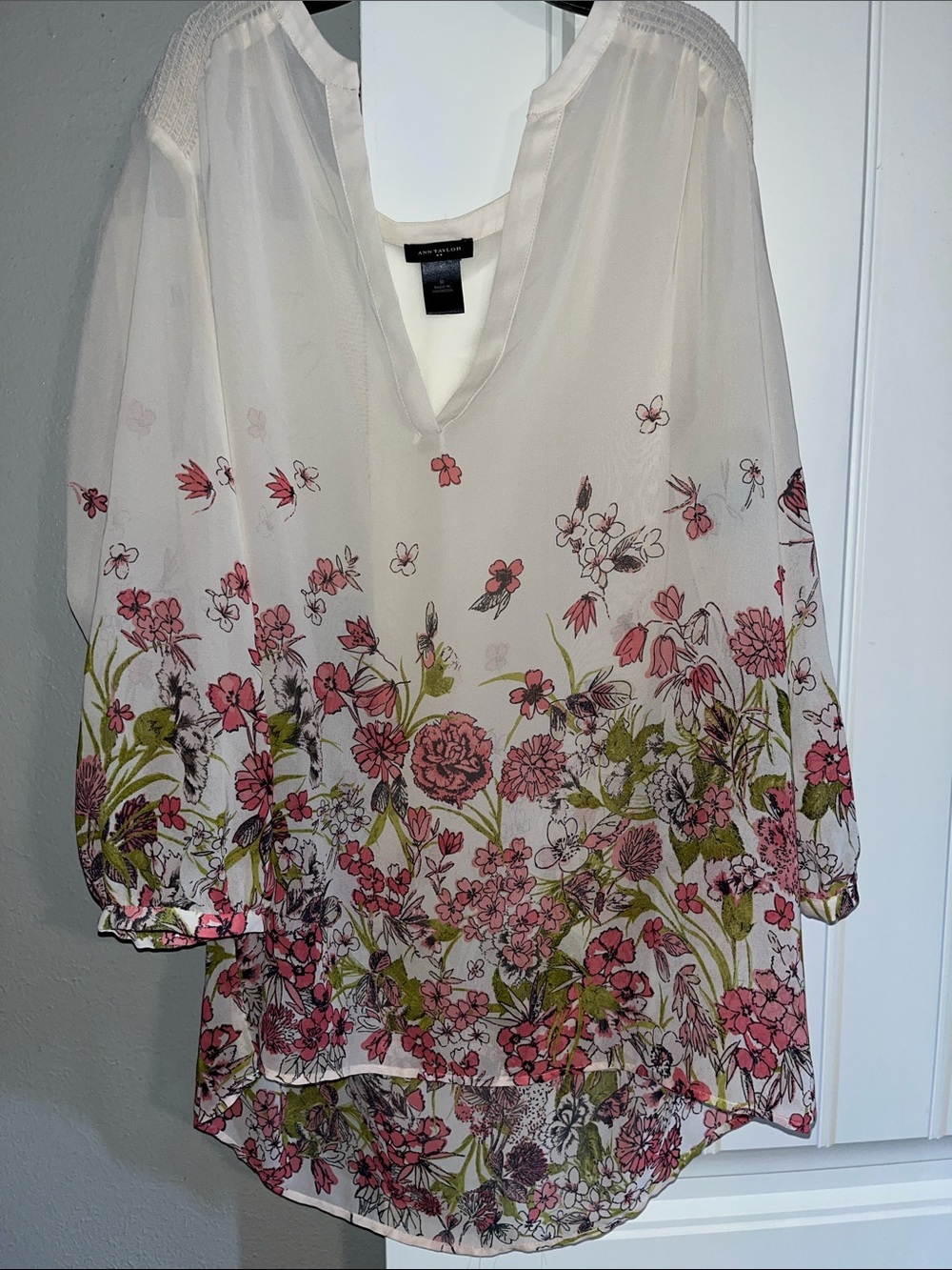 Ann Taylor Sheer Cream Blouse with Pink Floral Border size M